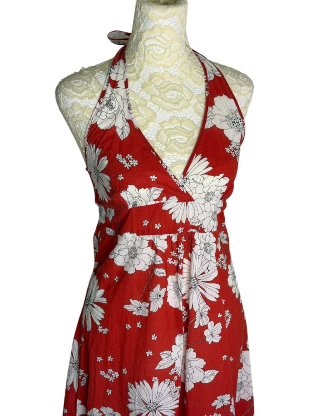 Salt & Pepper Halter Dress Fit Flare Tie Back Floral Red White Black S - Picture 3 of 9
